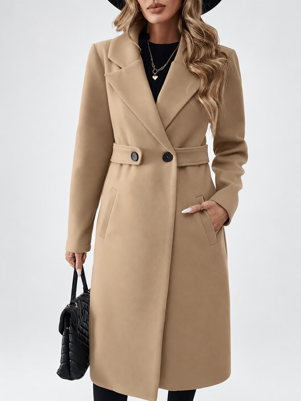 Women's Long Coat | Lapel Coat with Side Pockets – Tan – 4