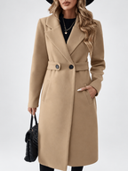 Women's Long Coat | Lapel Coat with Side Pockets – Tan – 4