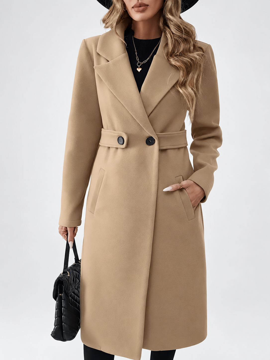 Women's Long Coat | Lapel Coat with Side Pockets – Tan – 4