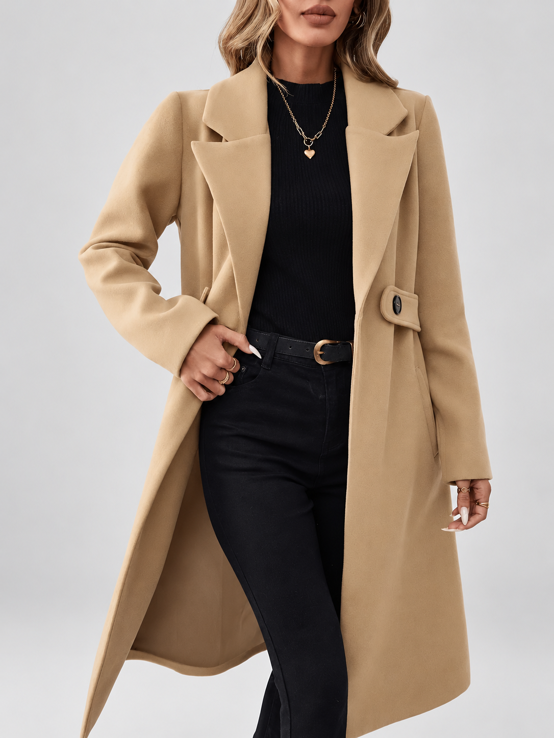 Women's Long Coat | Lapel Coat with Side Pockets – Tan – 5