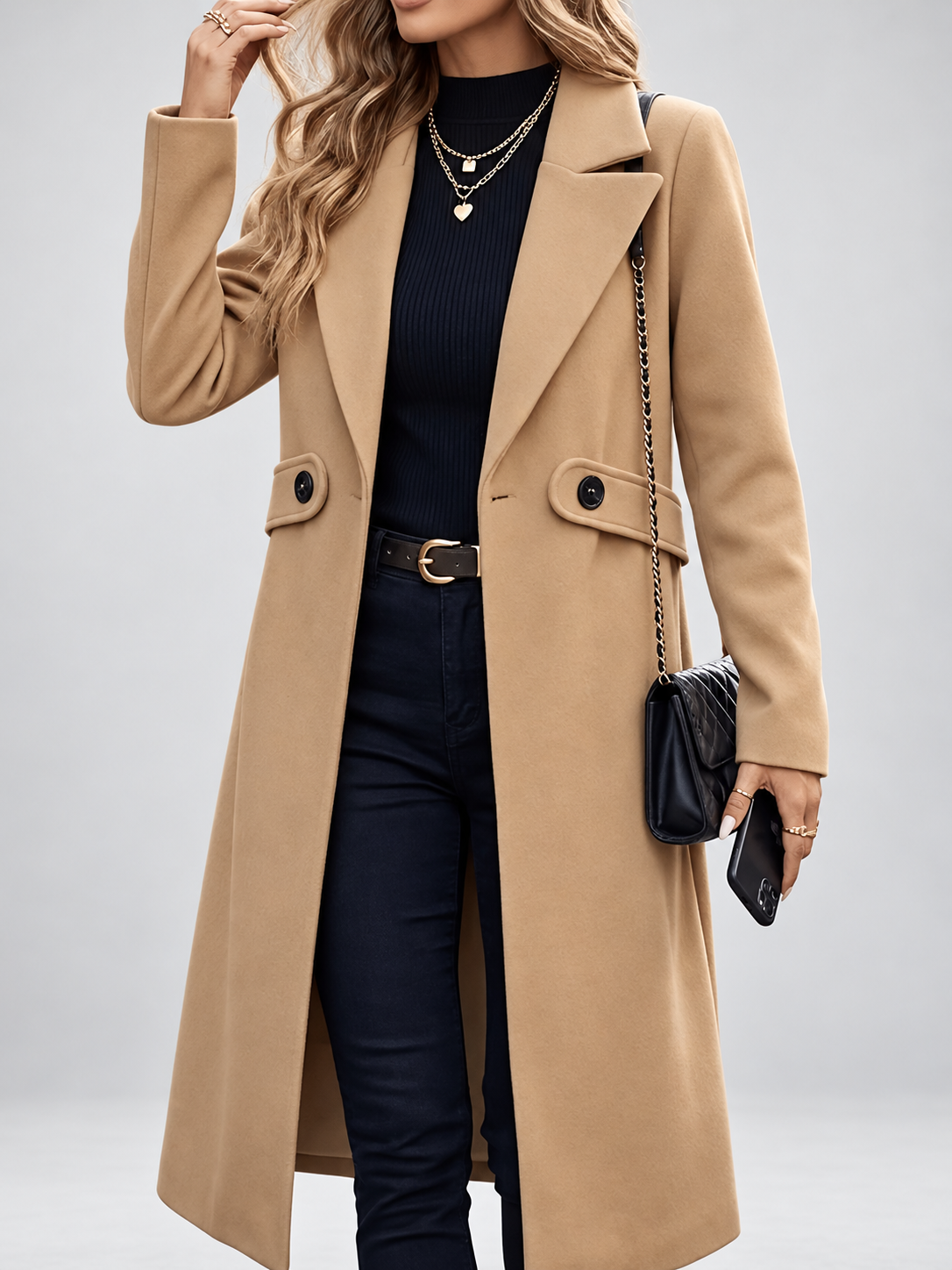Women's Long Coat | Lapel Coat with Side Pockets – Tan – 7