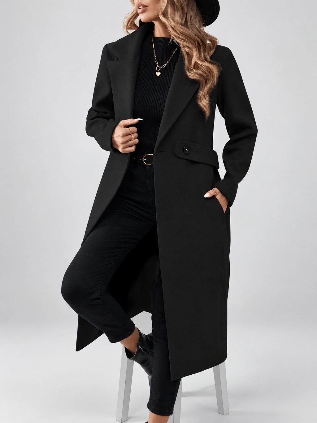Women's Long Coat | Lapel Coat with Side Pockets – Black – 1