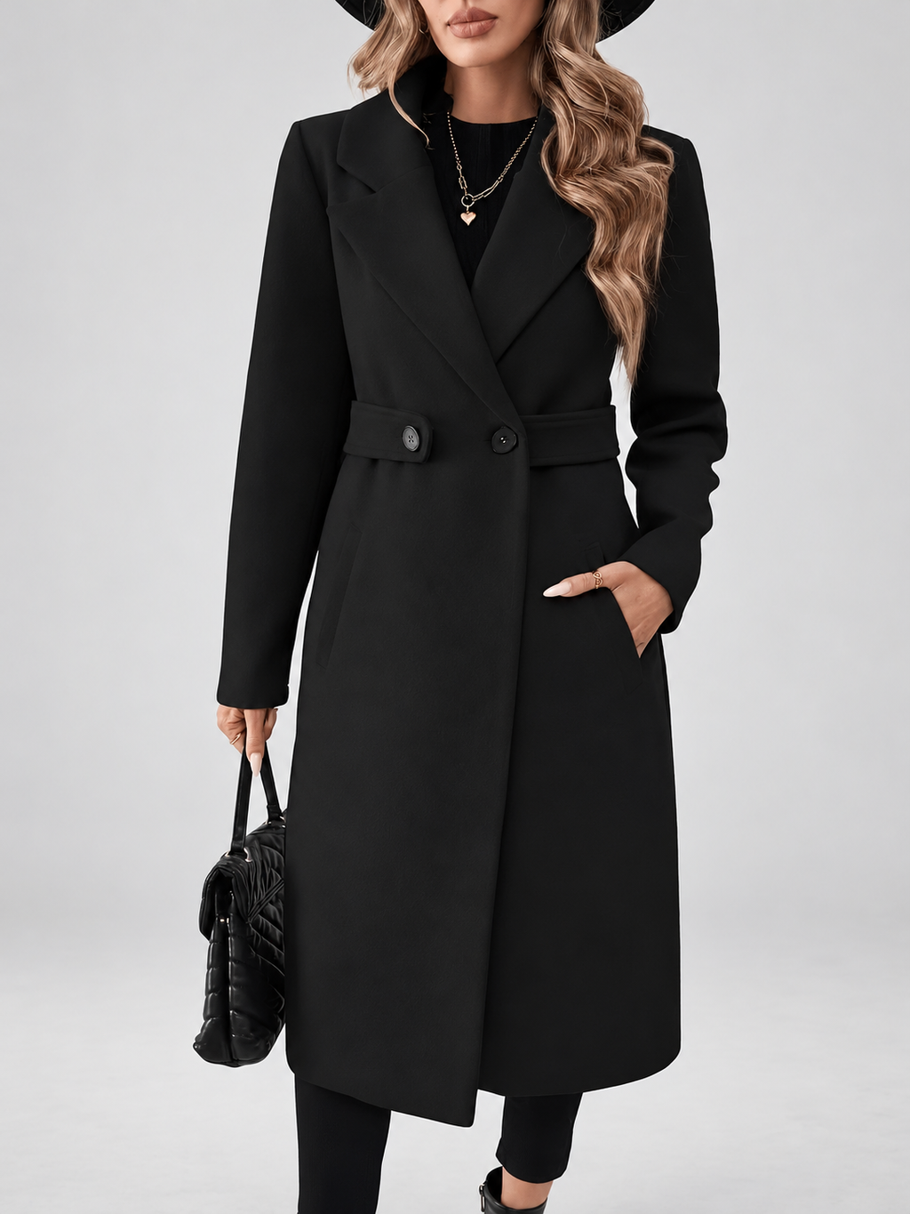 Women's Long Coat | Lapel Coat with Side Pockets – Black – 5