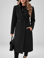 Women's Long Coat | Lapel Coat with Side Pockets – Black – 5