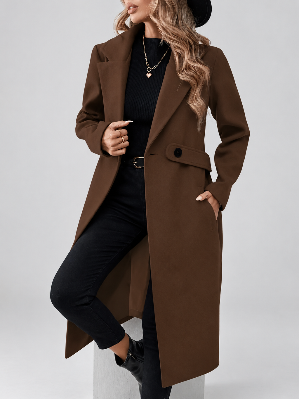 Women's Long Coat | Lapel Coat with Side Pockets – Coffee – 1