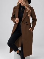 Women's Long Coat | Lapel Coat with Side Pockets – Coffee – 1