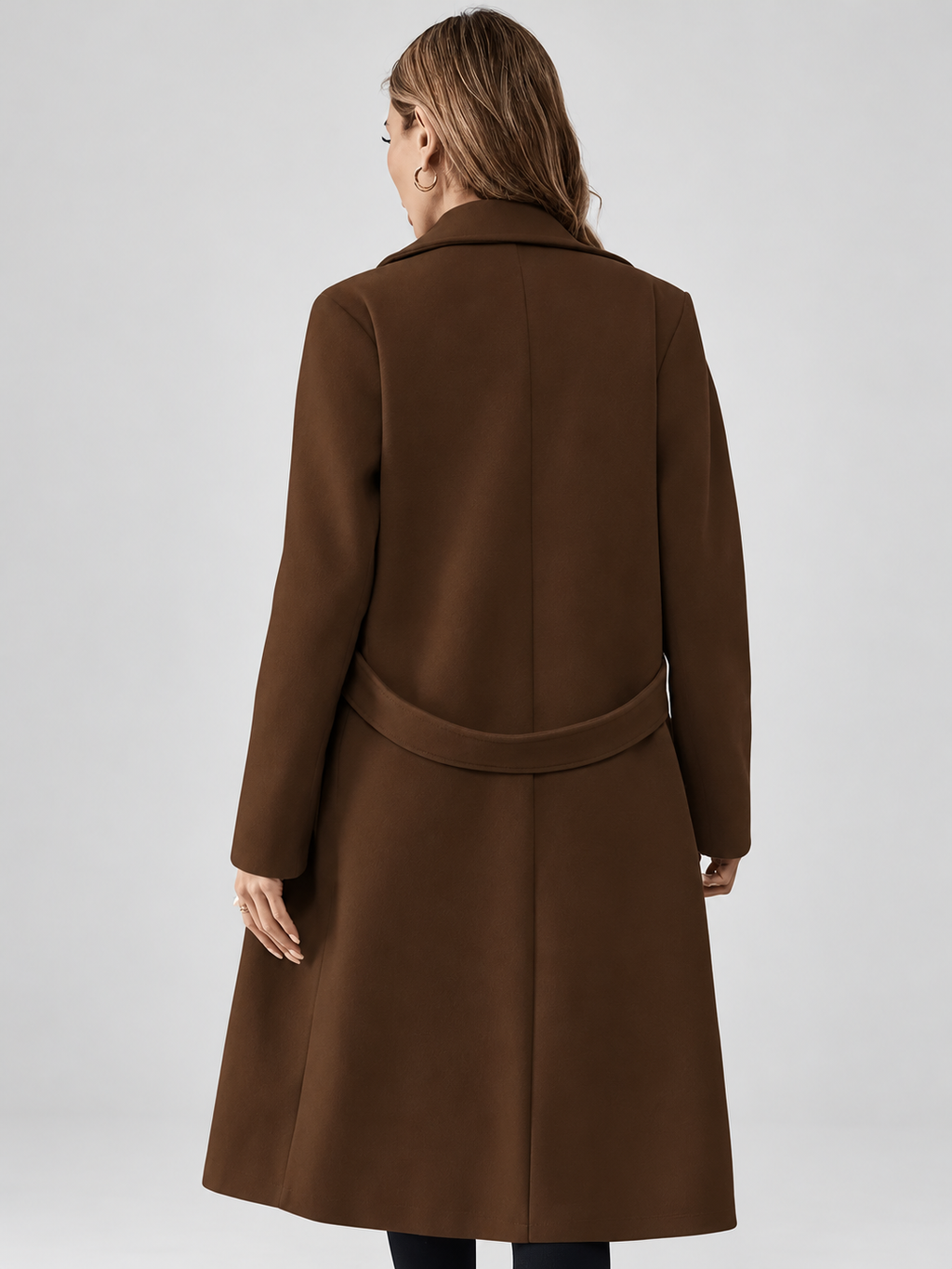Women's Long Coat | Lapel Coat with Side Pockets – Coffee – 2