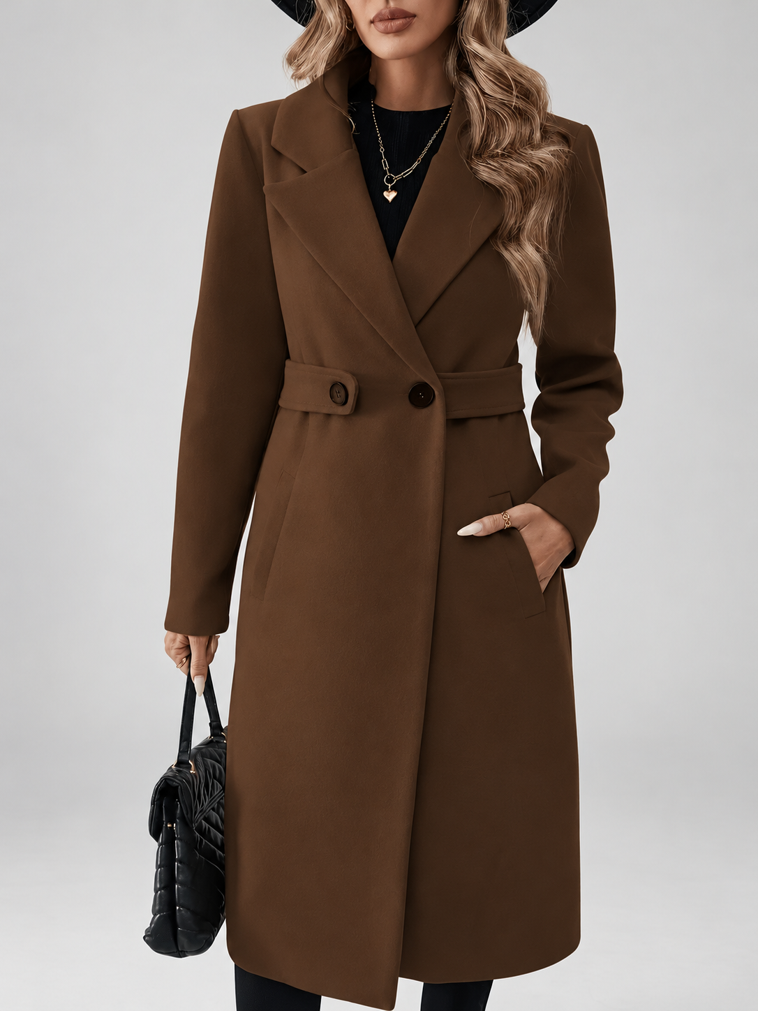 Women's Long Coat | Lapel Coat with Side Pockets – Coffee – 3