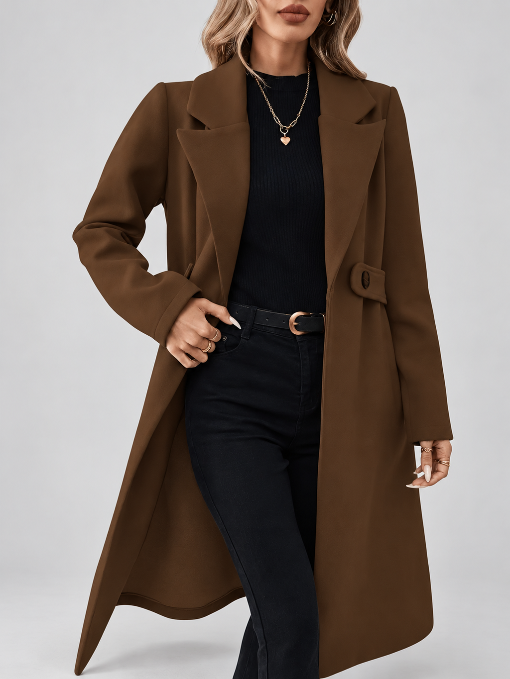 Women's Long Coat | Lapel Coat with Side Pockets – Coffee – 4