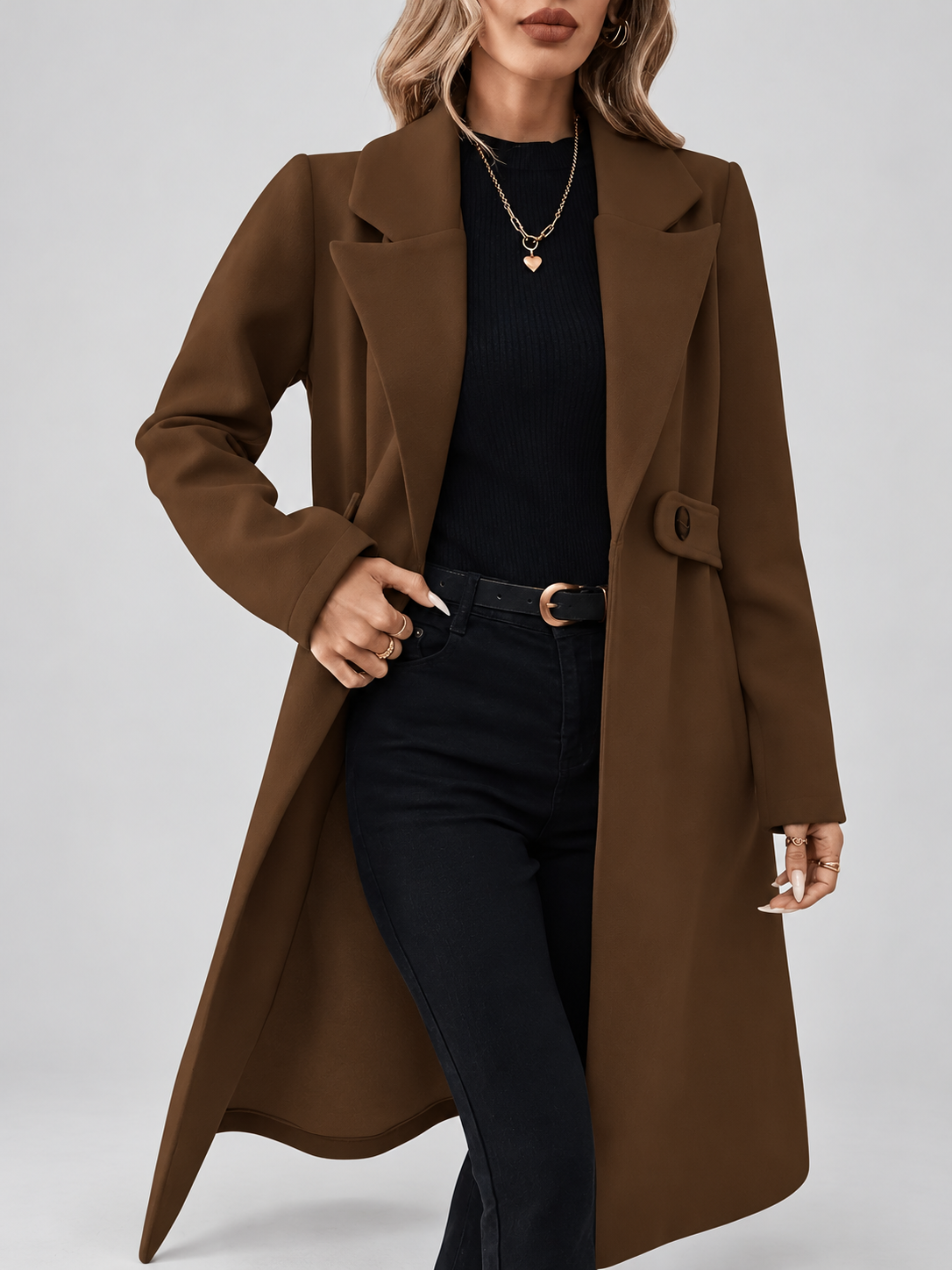 Women's Long Coat | Lapel Coat with Side Pockets – Coffee – 4
