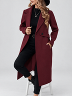 Women's Long Coat | Lapel Coat with Side Pockets – Burgundy – 1