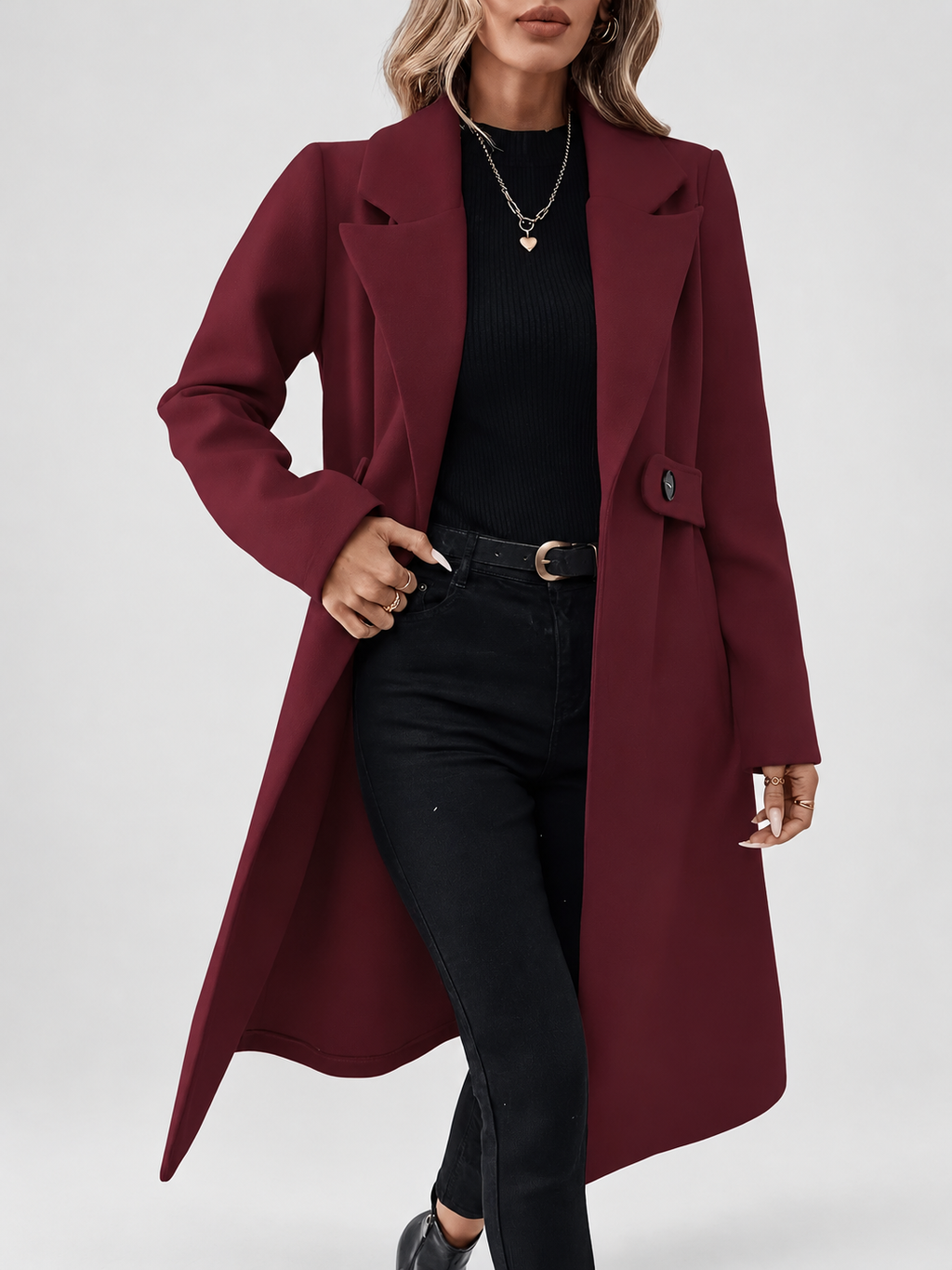 Women's Long Coat | Lapel Coat with Side Pockets – Burgundy – 4