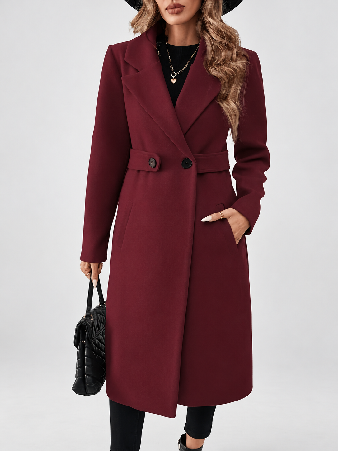 Women's Long Coat | Lapel Coat with Side Pockets – Burgundy – 6