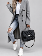 Women's Long Double-Breasted Coat with Lapel Collar – Grey – 1