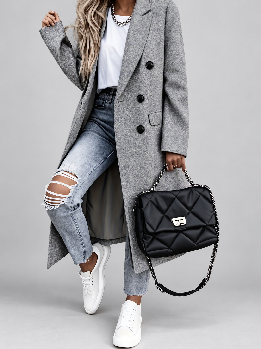 Women's Long Double-Breasted Coat with Lapel Collar – Grey – 1