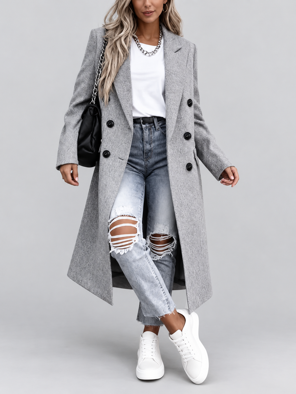 Women's Long Double-Breasted Coat with Lapel Collar – Grey – 2