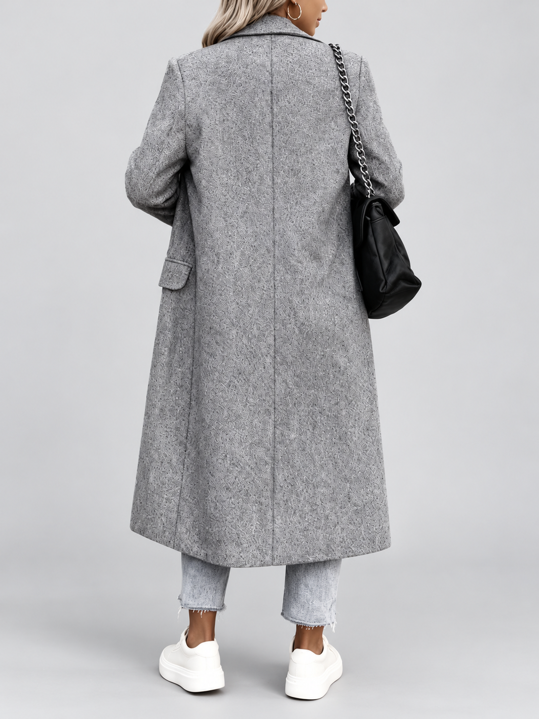 Women's Long Double-Breasted Coat with Lapel Collar – Grey – 3