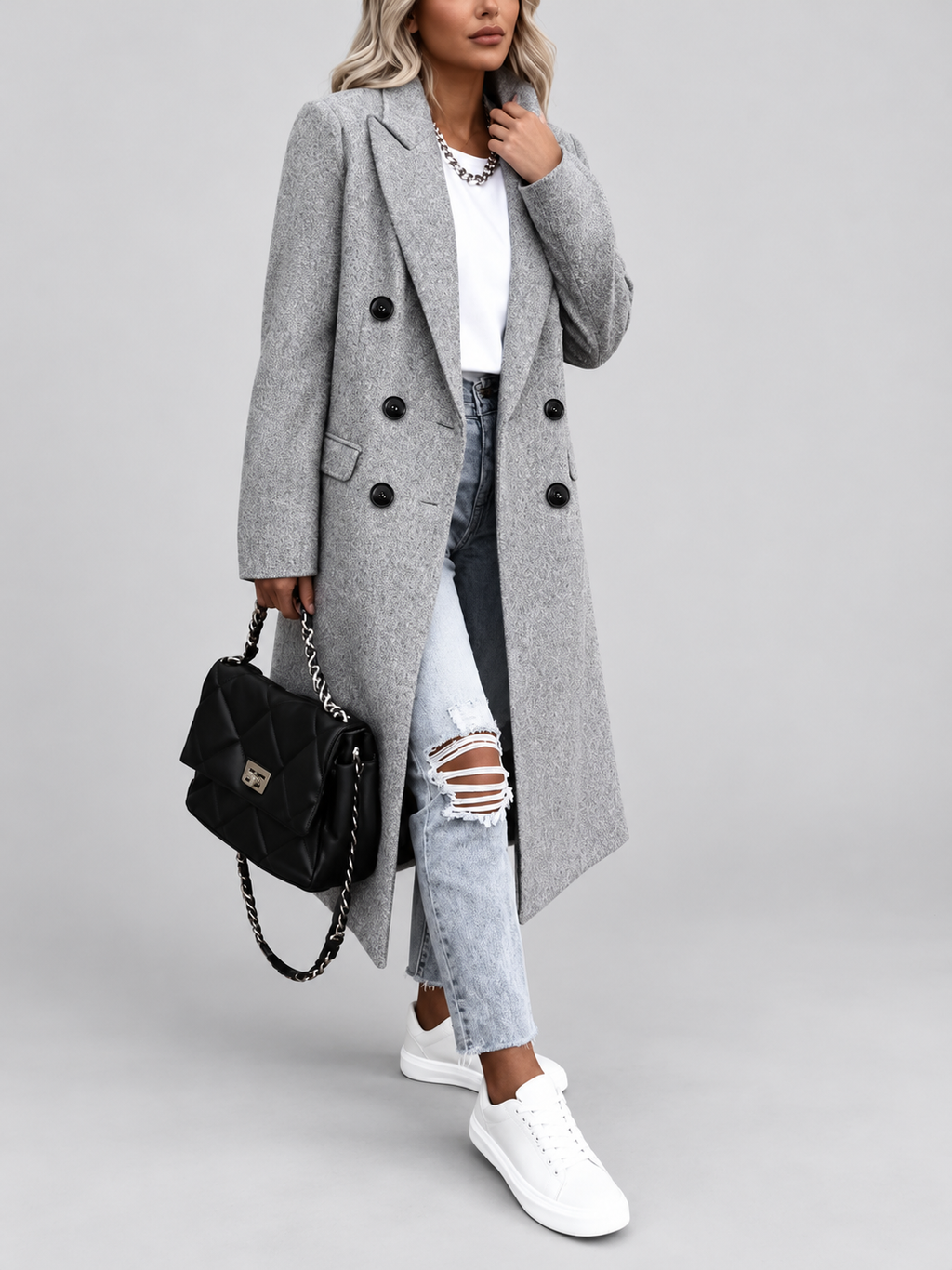 Women's Long Double-Breasted Coat with Lapel Collar – Grey – 4