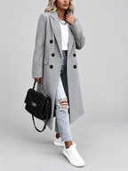 Women's Long Double-Breasted Coat with Lapel Collar – Grey – 4