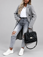 Women's Long Double-Breasted Coat with Lapel Collar – Grey – 5