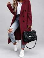Women's Long Double-Breasted Coat with Lapel Collar – Deep Red – 1