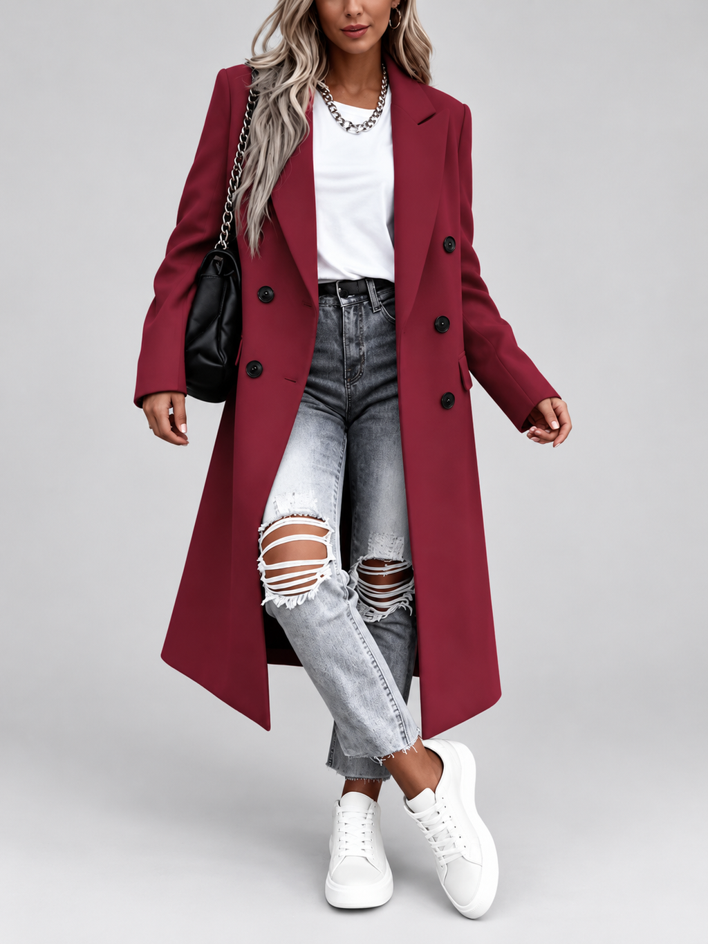 Women's Long Double-Breasted Coat with Lapel Collar – Deep Red – 2