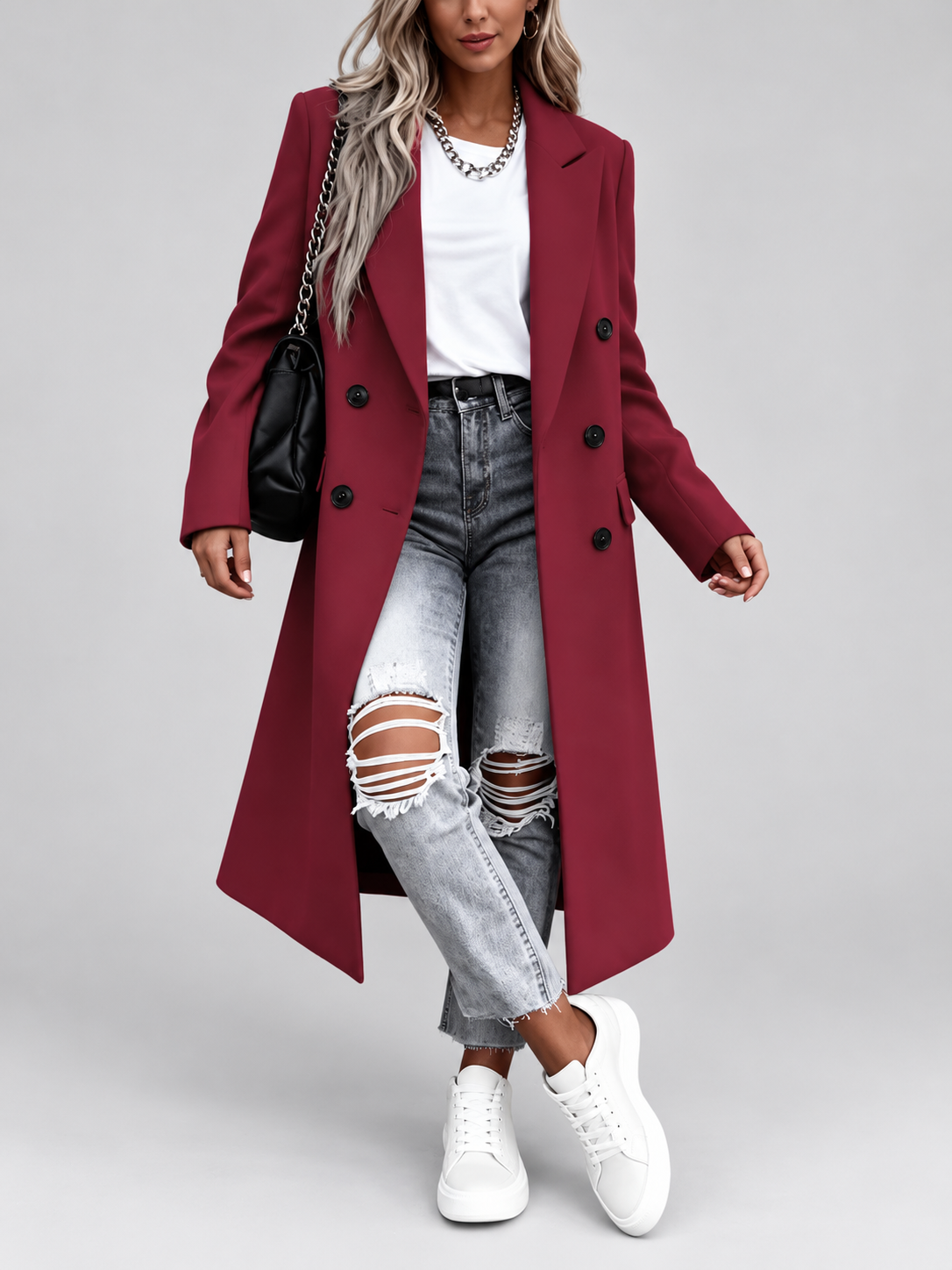 Women's Long Double-Breasted Coat with Lapel Collar – Deep Red – 2