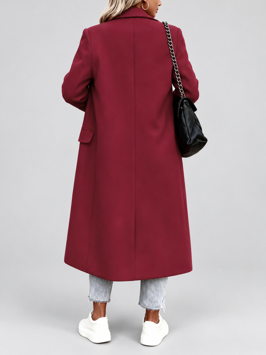 Women's Long Double-Breasted Coat with Lapel Collar – Deep Red – 3