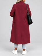 Women's Long Double-Breasted Coat with Lapel Collar – Deep Red – 3