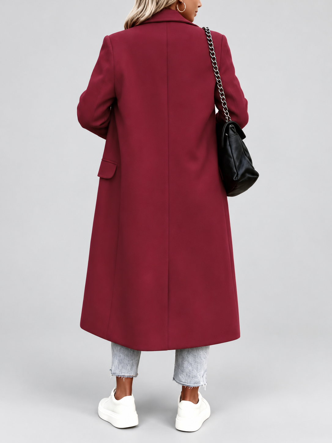 Women's Long Double-Breasted Coat with Lapel Collar – Deep Red – 3