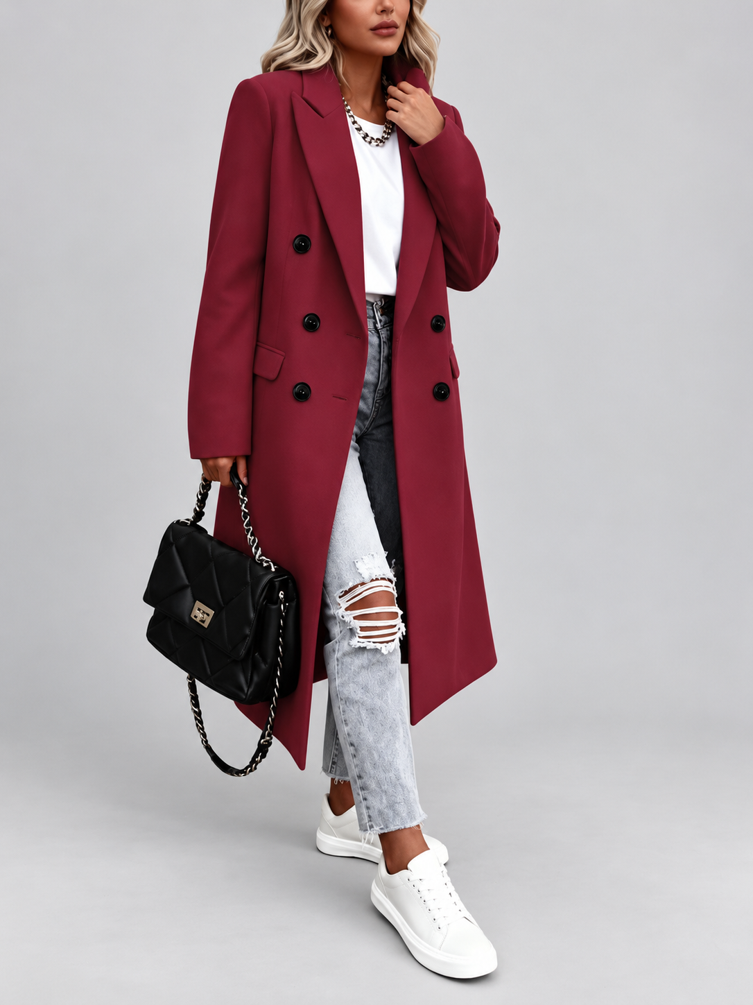 Women's Long Double-Breasted Coat with Lapel Collar – Deep Red – 4