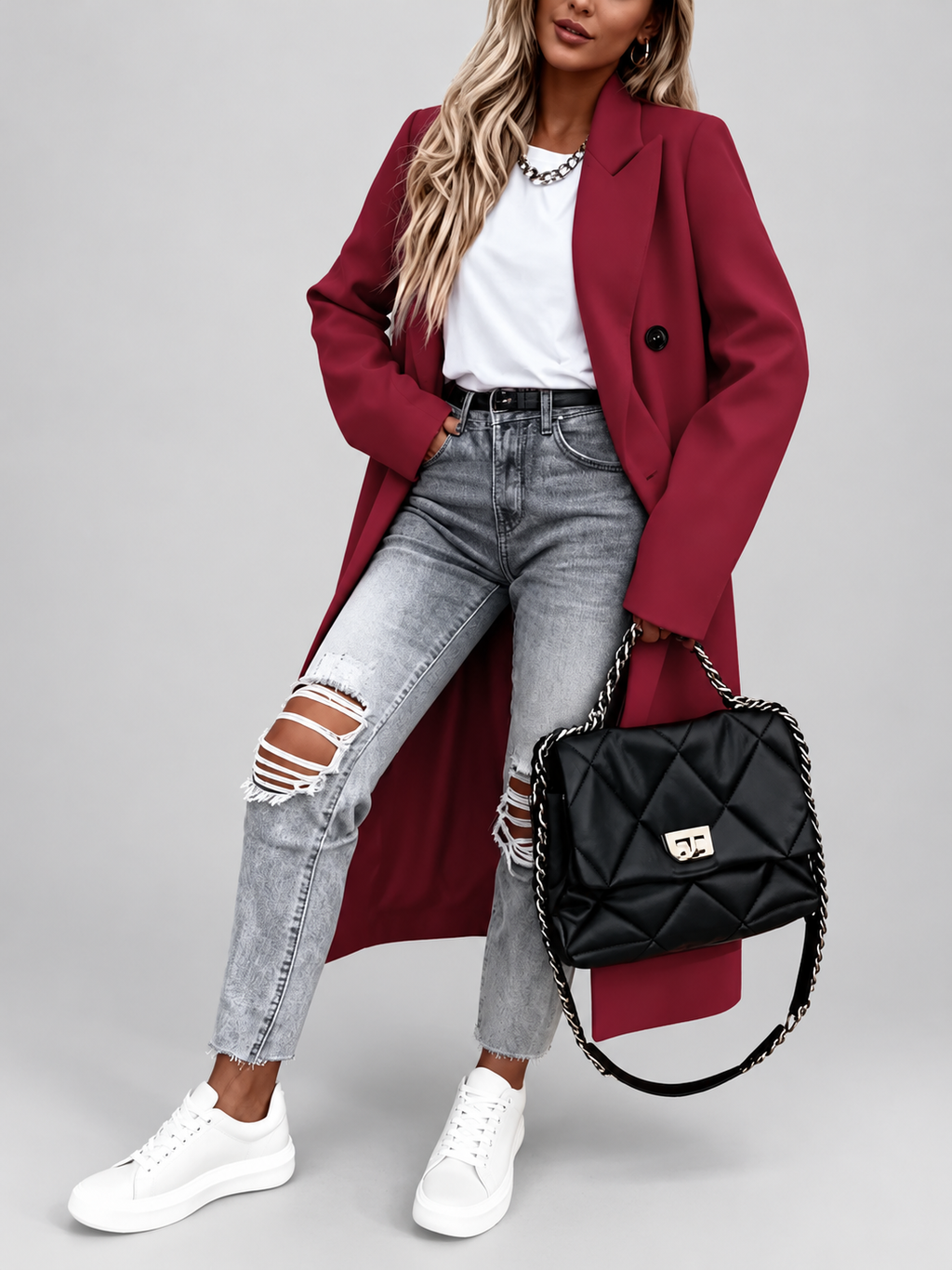 Women's Long Double-Breasted Coat with Lapel Collar – Deep Red – 5