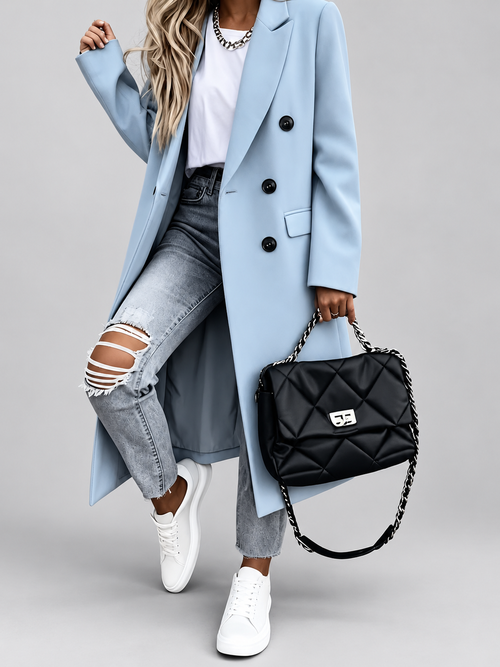 Women's Long Double-Breasted Coat with Lapel Collar – Sky Blue – 1