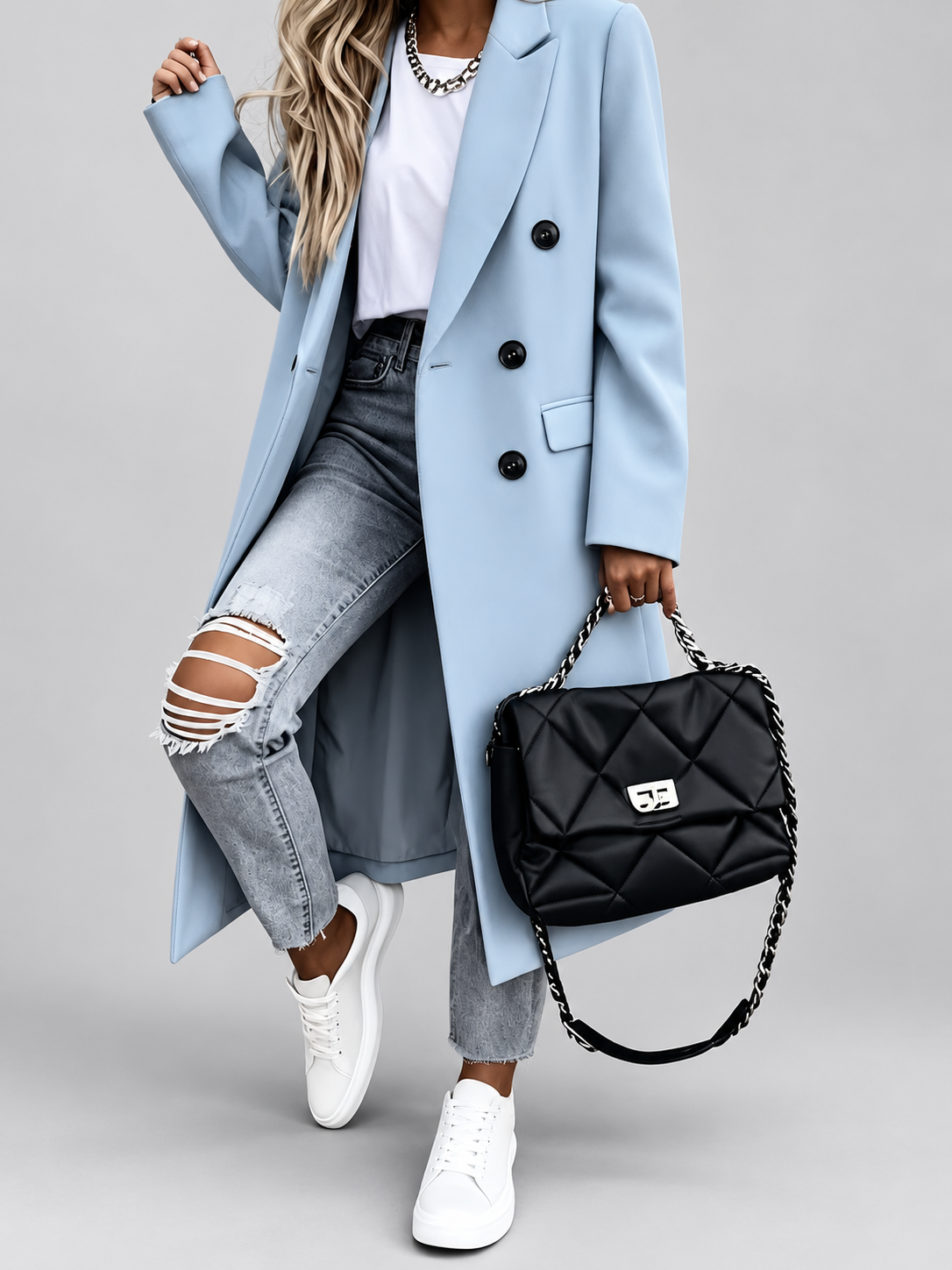 Women's Long Double-Breasted Coat with Lapel Collar – Sky Blue – 1
