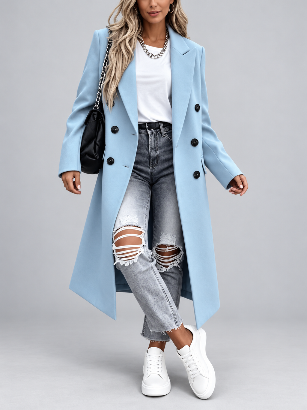 Women's Long Double-Breasted Coat with Lapel Collar – Sky Blue – 2