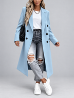 Women's Long Double-Breasted Coat with Lapel Collar – Sky Blue – 2