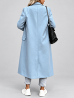 Women's Long Double-Breasted Coat with Lapel Collar – Sky Blue – 3