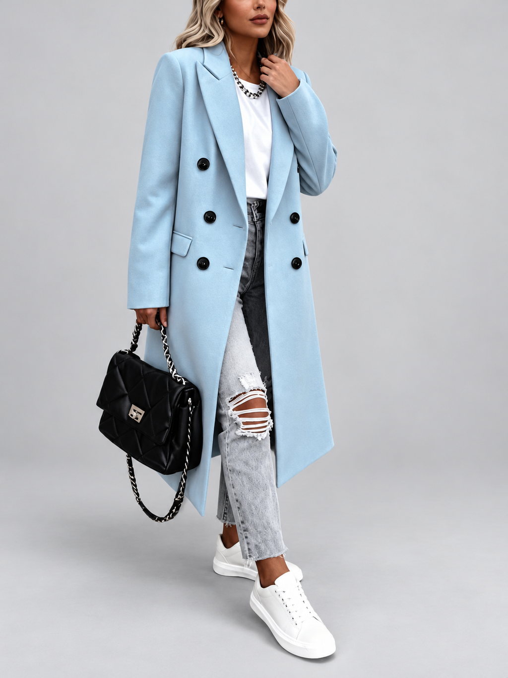 Women's Long Double-Breasted Coat with Lapel Collar – Sky Blue – 4