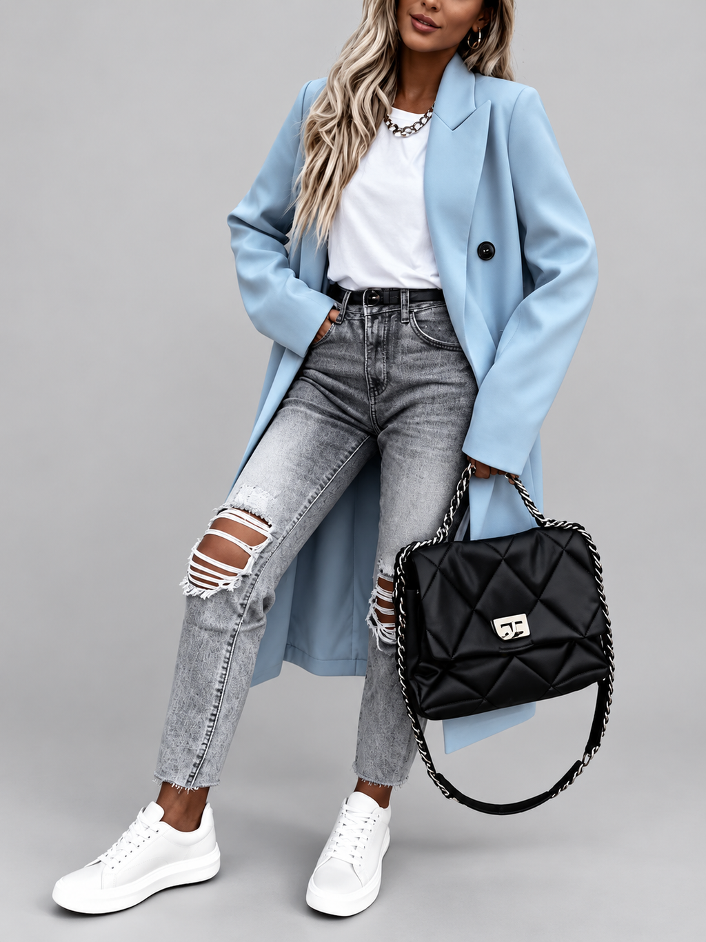 Women's Long Double-Breasted Coat with Lapel Collar – Sky Blue – 5