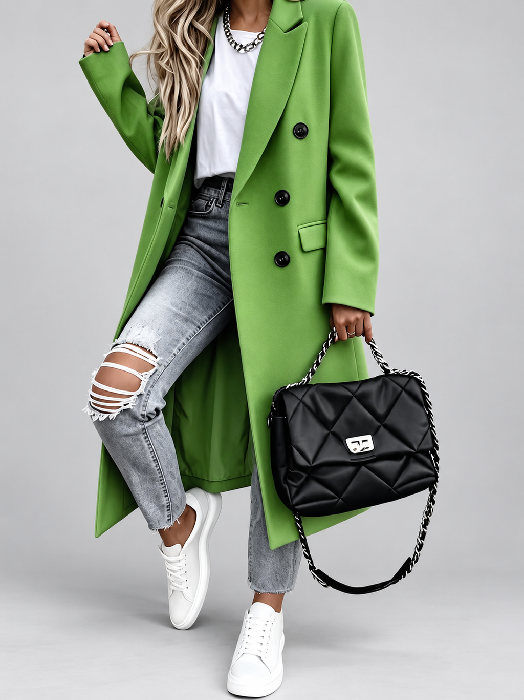 Women's Long Double-Breasted Coat with Lapel Collar – Green – 1