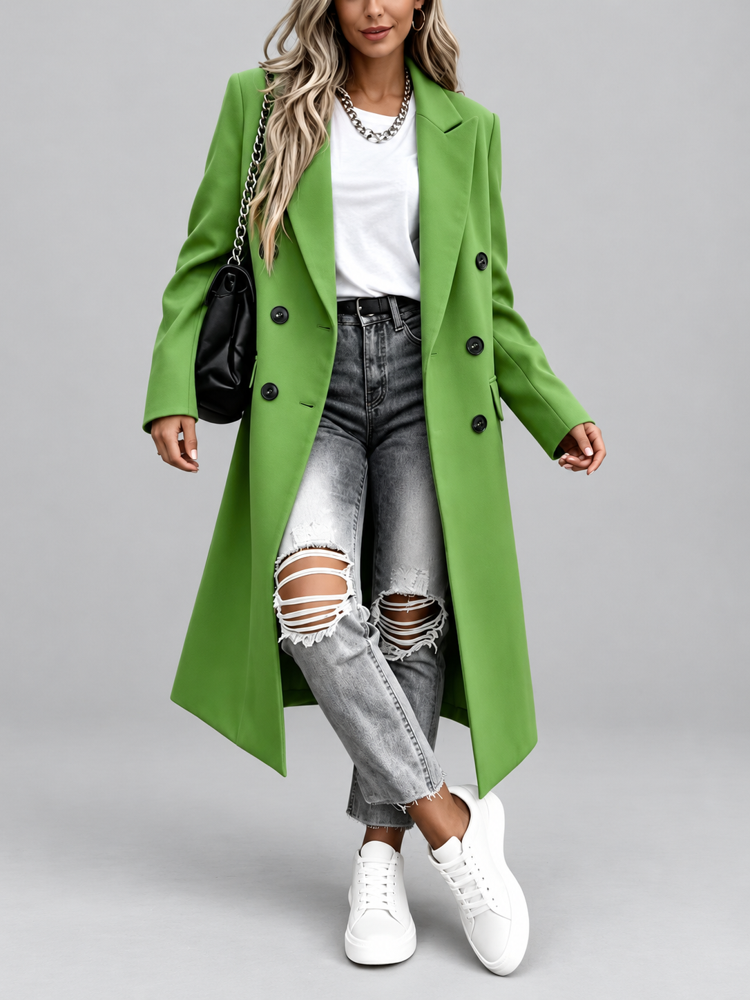 Women's Long Double-Breasted Coat with Lapel Collar – Green – 2