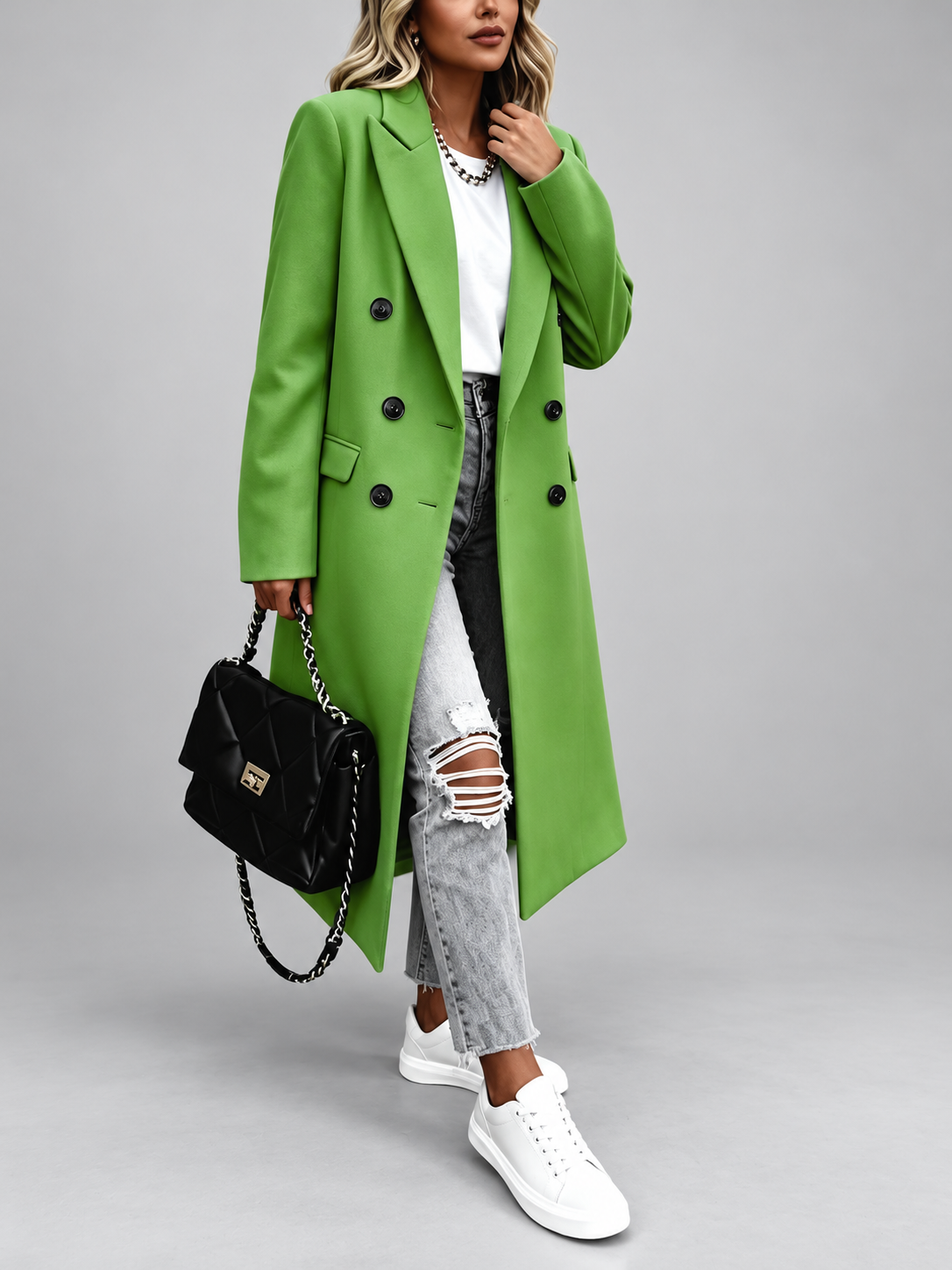 Women's Long Double-Breasted Coat with Lapel Collar – Green – 4