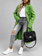 Women's Long Double-Breasted Coat with Lapel Collar – Green – 5