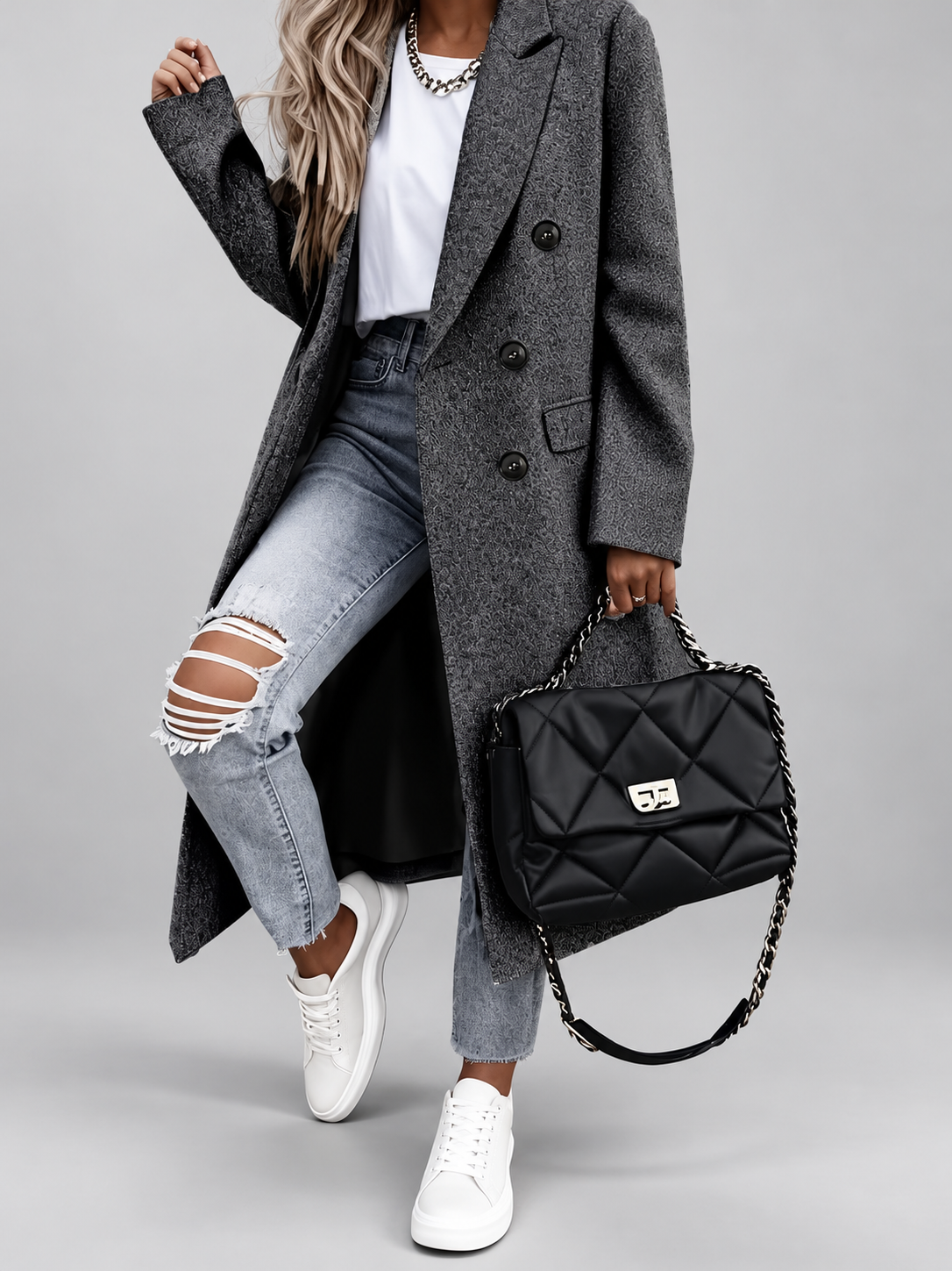 Women's Long Double-Breasted Coat with Lapel Collar – Dark Gray – 1