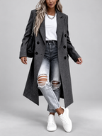 Women's Long Double-Breasted Coat with Lapel Collar – Dark Gray – 2