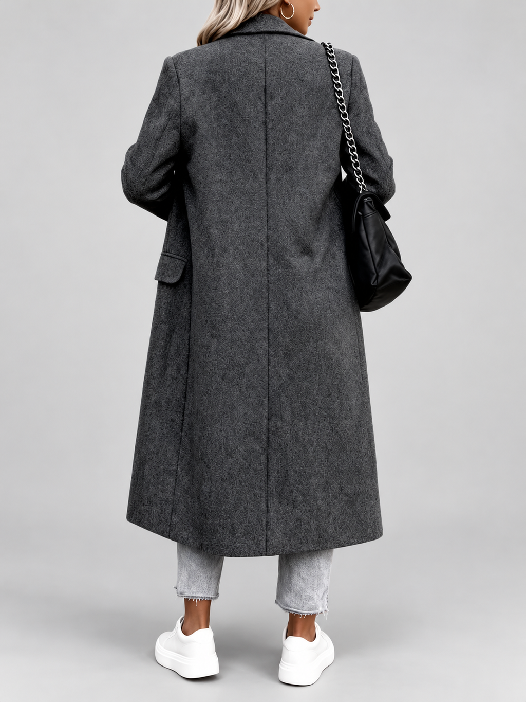 Women's Long Double-Breasted Coat with Lapel Collar – Dark Gray – 3