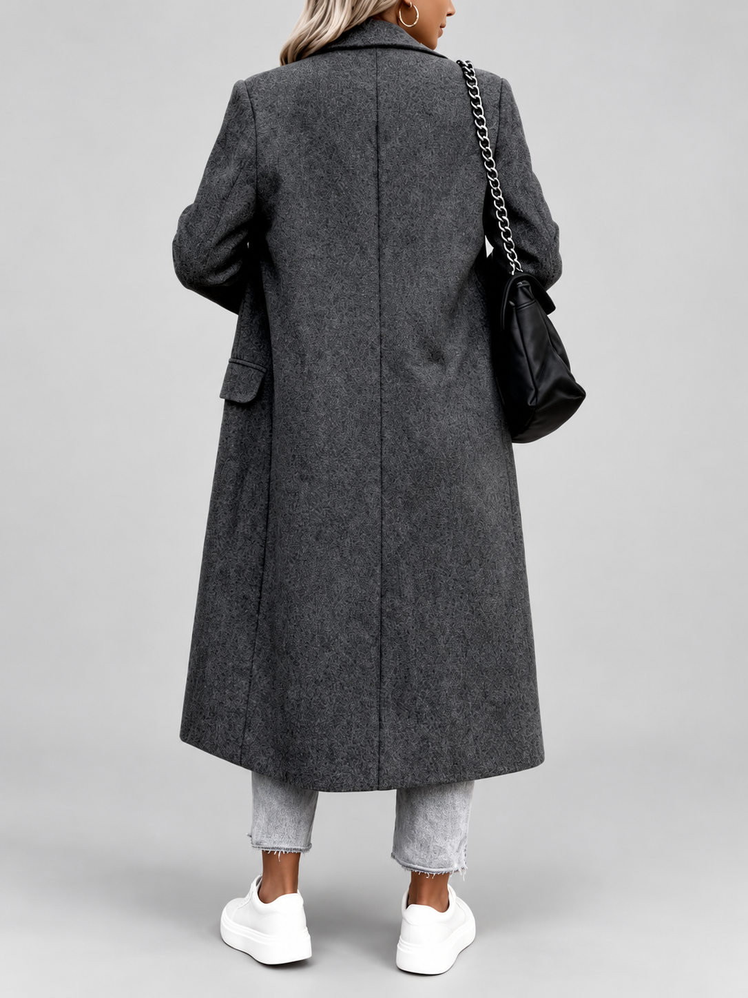 Women's Long Double-Breasted Coat with Lapel Collar – Dark Gray – 3