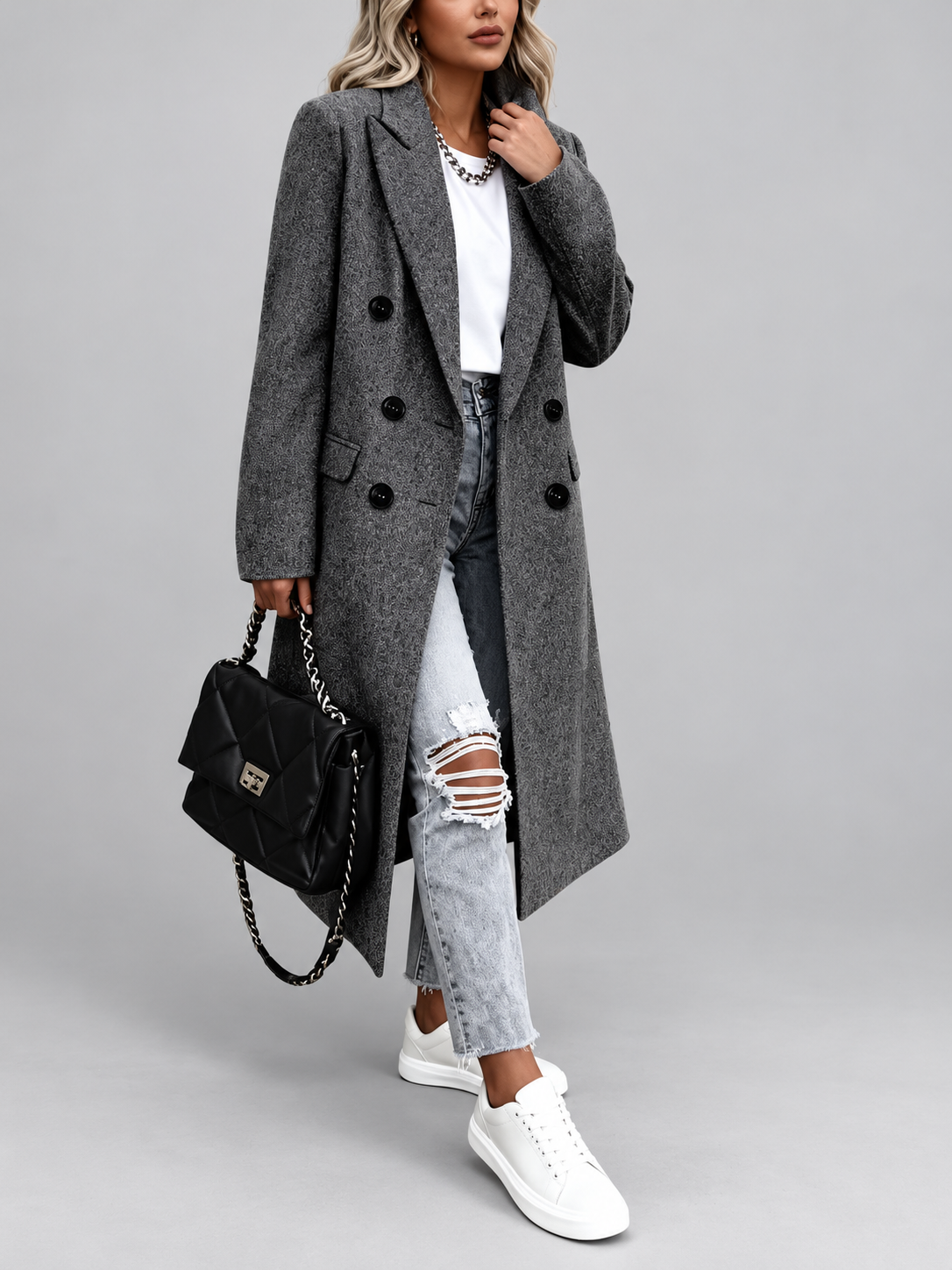 Women's Long Double-Breasted Coat with Lapel Collar – Dark Gray – 4