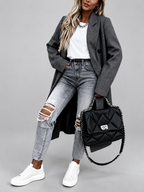 Women's Long Double-Breasted Coat with Lapel Collar – Dark Gray – 5