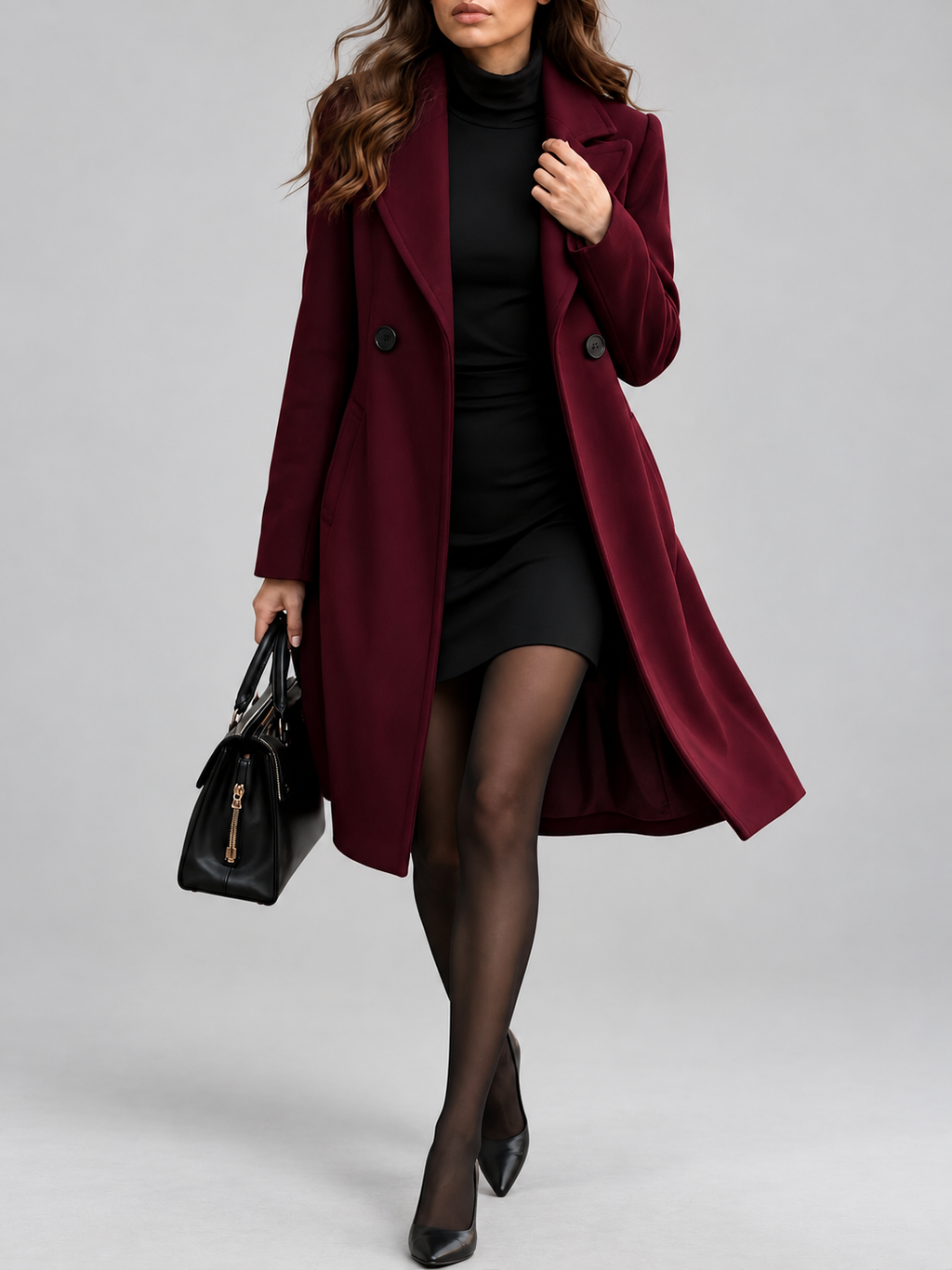Women's Overcoat | Double-Breasted Lapel Coat – Dark Red-A – 5